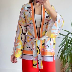 New Zara Printed Short Belted Kimono Jacket Robe Top